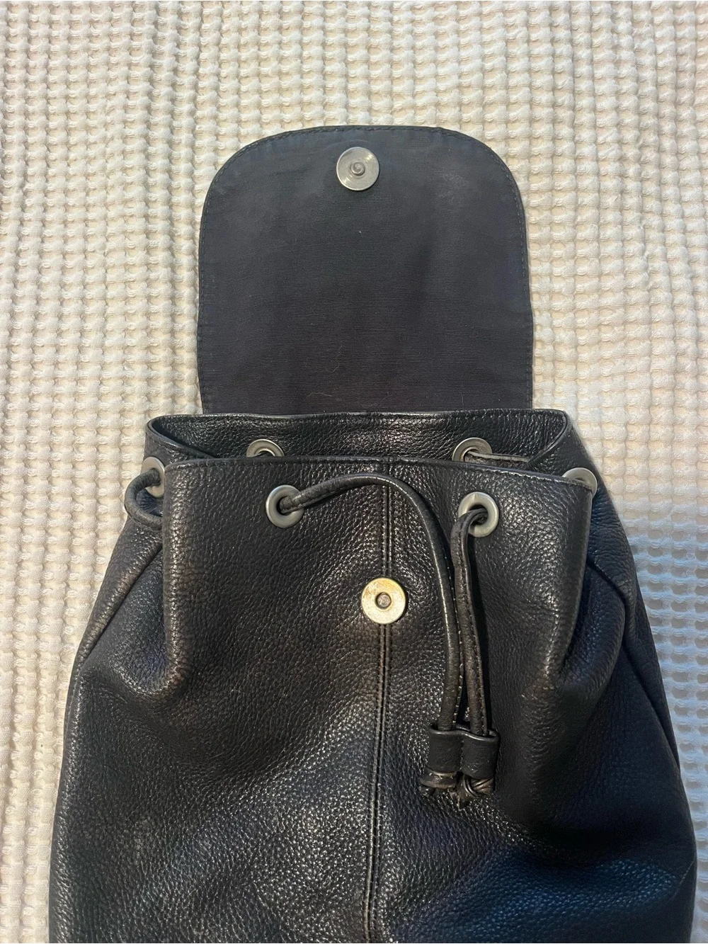 Guess Vintage Black Leather Drawstring Mini Backpack with Triangle Logo
